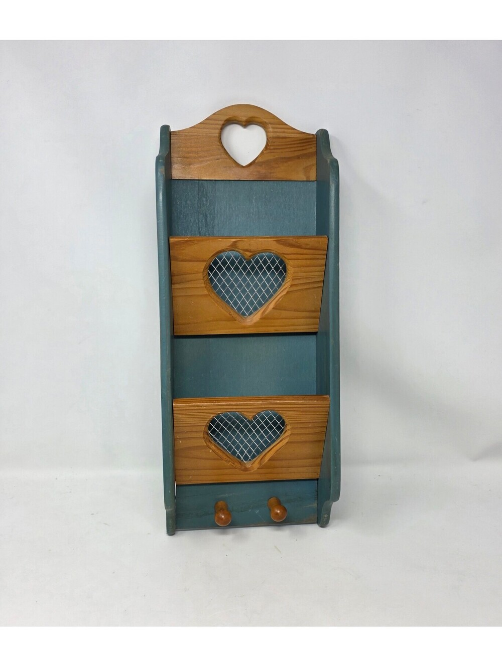 Vintage Blue Wood Heart Mail Organizer Wall Pockets & Key Pegs